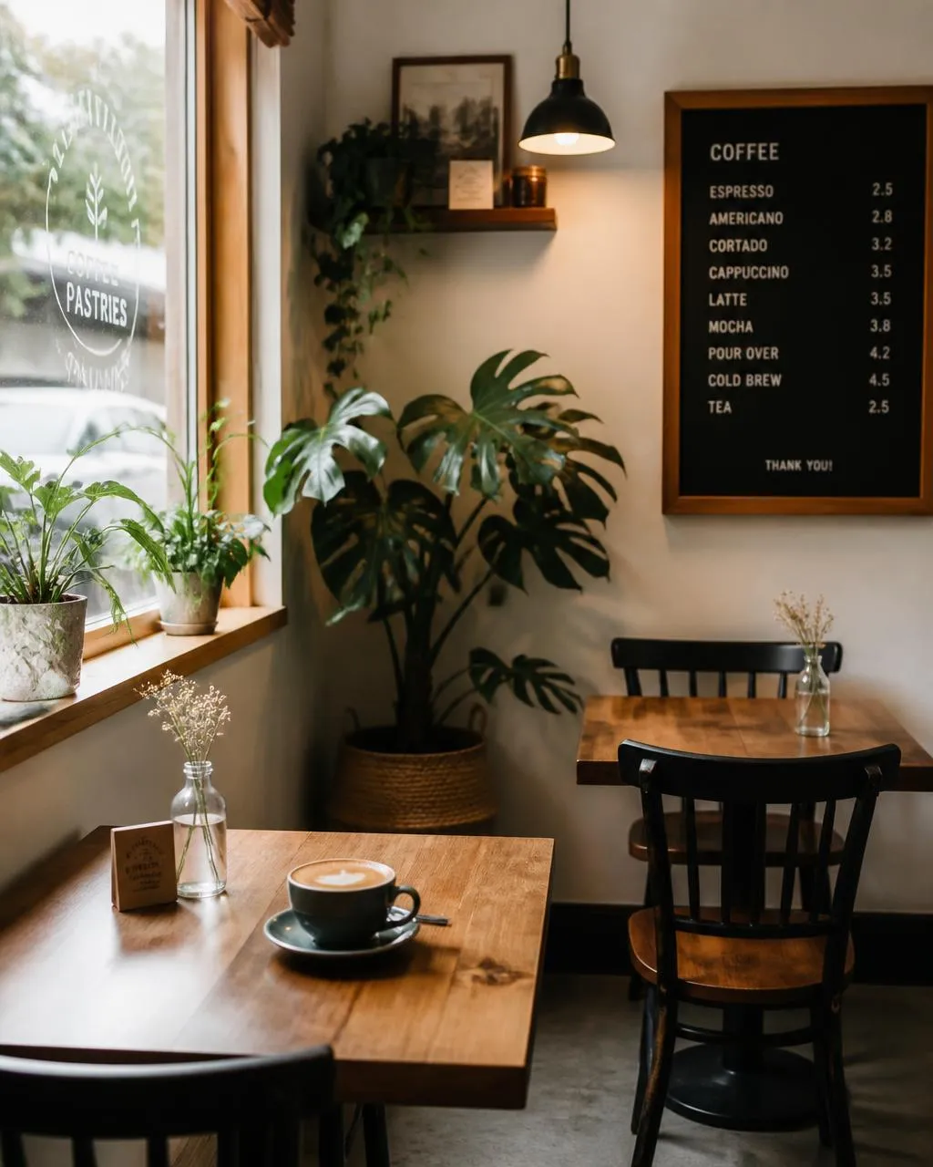 Warm café seating with wooden tables and plants at BeCafé