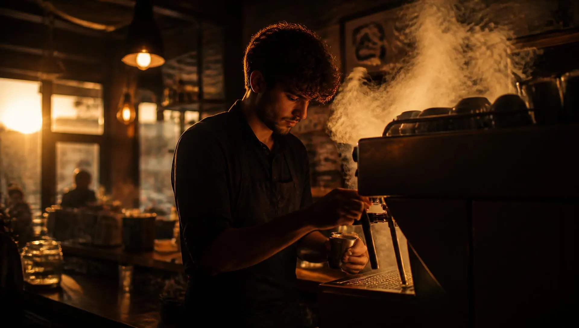 Barista preparing coffee in a warm café interior